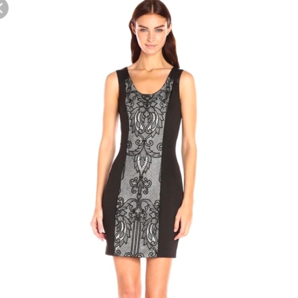 “GUESS” Faux Leather & Lace Overlay Dress